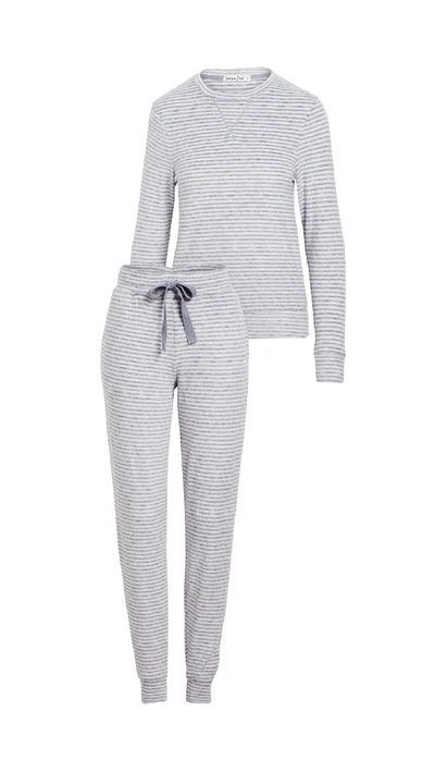 Shop Emerson Road Fuzzy Luxe Crew Neck With Joggers Pajama Set In Magazine Stripe Tradewinds