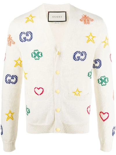 Shop Gucci Symbols Jacquard Cardigan In Neutrals