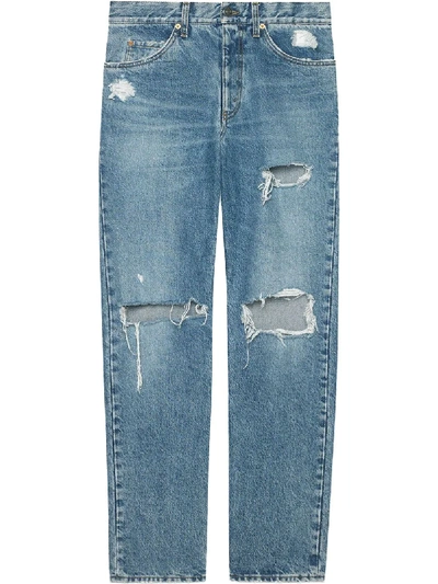 Shop Gucci Distressed Straight-leg Jeans In Blue