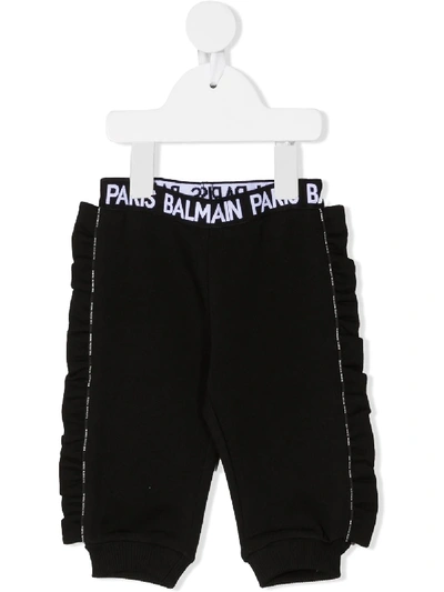 Shop Balmain Logo Waistband Cotton Trousers In Black