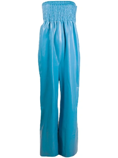 Shop Bottega Veneta Ruched Body Wide-leg Jumpsuit In Blue