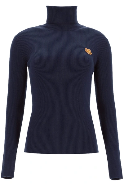 Shop Kenzo Turtleneck Sweater With Tigher Patch In Bleu Marine (blue)