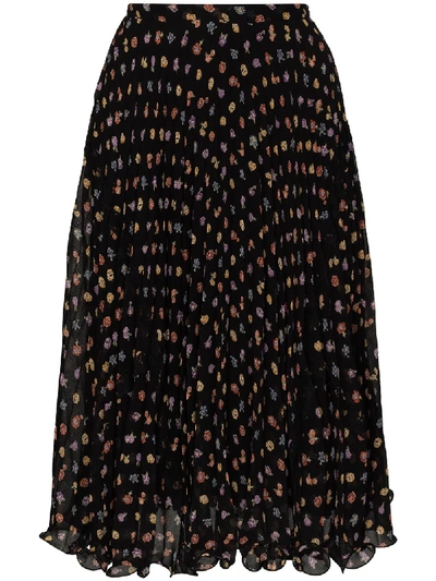 Shop See By Chloé Floral-print Pleated Midi Skirt In Black