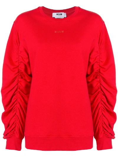 Shop Msgm Ruched Sleeve Cotton Sweatshirt In Red