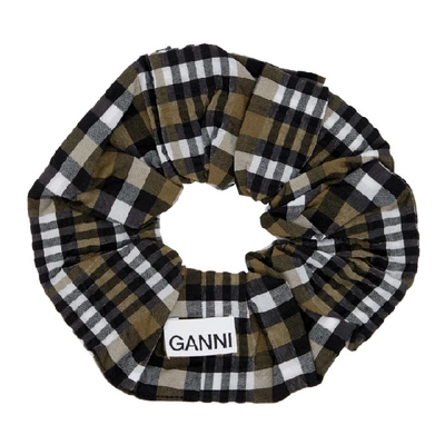 Shop Ganni Black And Green Seersucker Check Scrunchie In 861kalamata