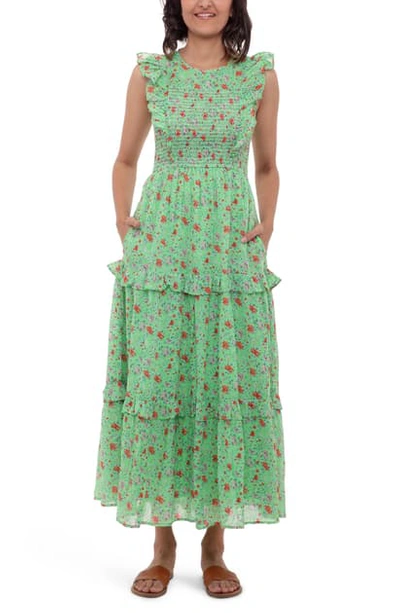 Shop Banjanan Iris Smocked Bodice Cotton Maxi Dress In Siesta Bud Green