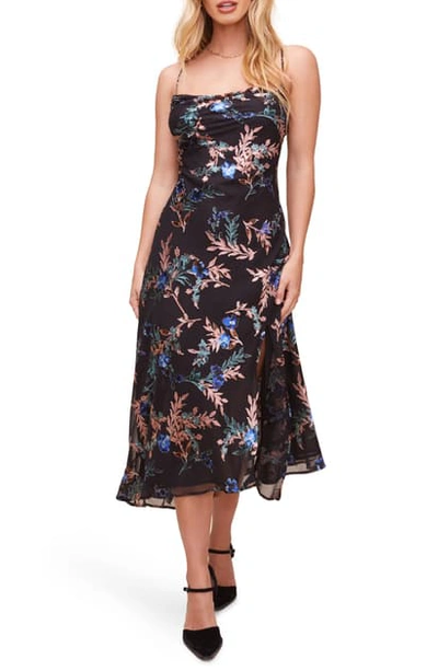 Shop Astr Gaia Floral Bias Cut Velvet Burnout Midi Dress In Black Multi Floral