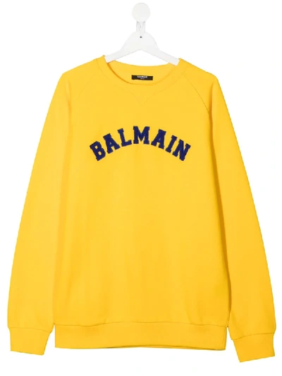 Shop Balmain Teen Logo Patch Sweatshirt In Yellow
