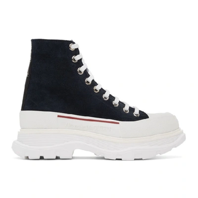 Shop Alexander Mcqueen Navy And White Suede Tread Slick Platform High Sneakers In 4018 Navywh