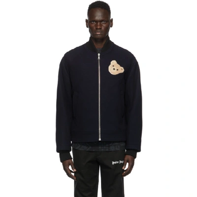 Shop Palm Angels Navy Wool Bear Bomber Jacket In Blue/brown