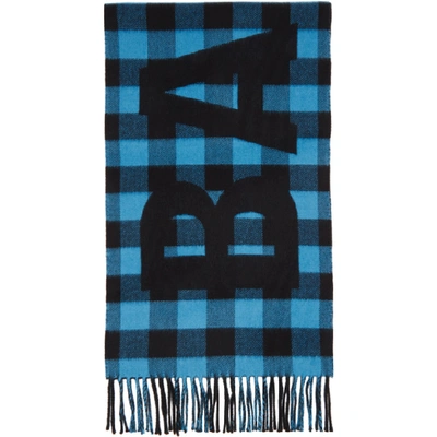 BALENCIAGA 蓝色 AND 黑色格纹大廓形徽标羊毛围巾