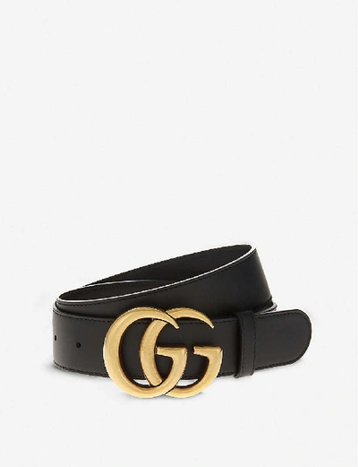 Gucci Double G Wide Leather Belt Antique Brass Buckle 1.5 Width Black