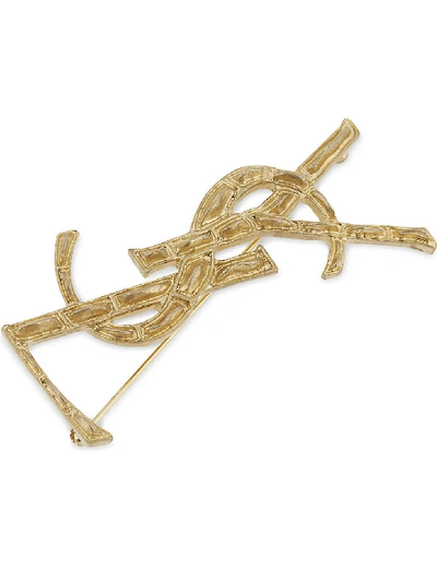 Shop Saint Laurent Crocodile-textured Logo Metal Brooch