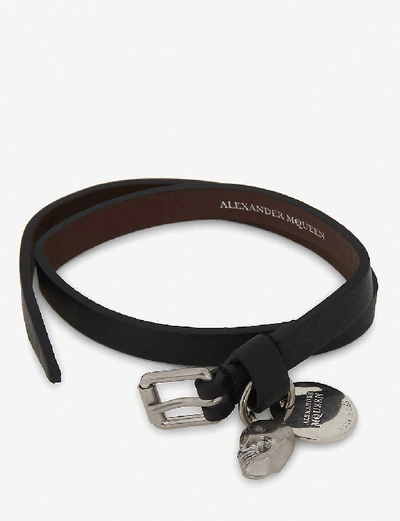 Shop Alexander Mcqueen Crystal Skull Leather Double Wrap Bracelet In Black Silver