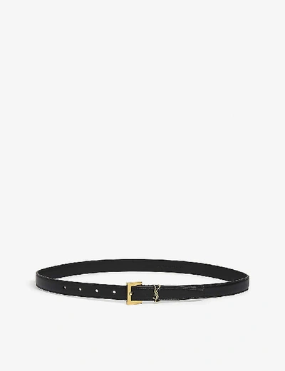 Shop Saint Laurent Women's Black Gold Monogram Logo Leather Belt
