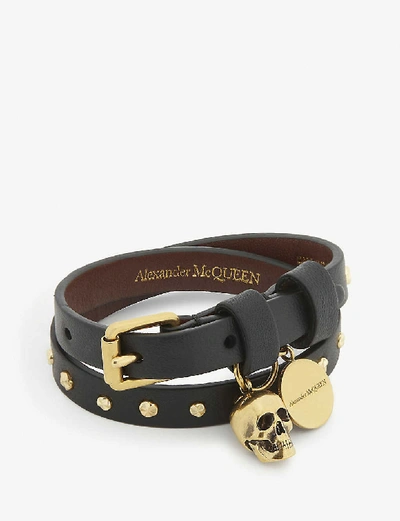 Shop Alexander Mcqueen Leather And Brass Skull Wrap Bracelet In Black