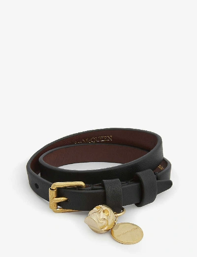 Shop Alexander Mcqueen Skull Double-wrap Leather Bracelet, Black Gold