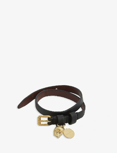 Shop Alexander Mcqueen Skull Double-wrap Leather Bracelet, Black Gold