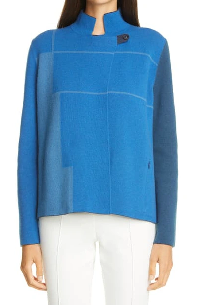 Shop Akris Reversible Geometric Jacquard Cashmere Cardigan In Blue