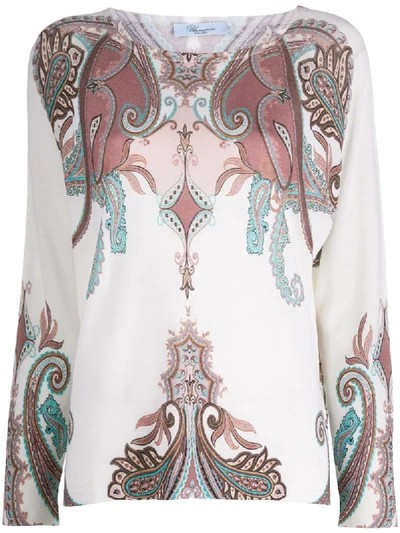 Shop Blumarine Baroque Patterned Fine Knit Top In White