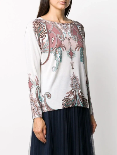 Shop Blumarine Baroque Patterned Fine Knit Top In White