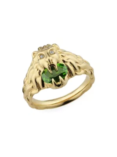 Shop Gucci Lionhead Ring In Yellow Gold, Chrome Diopside And Diamonds