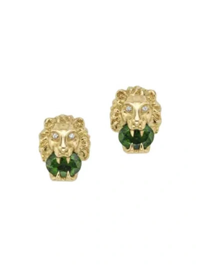 Shop Gucci Women's Lionhead Earrings In Yellow Gold, Chrome Diopside And Diamonds