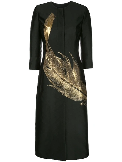 Shop Oscar De La Renta Feather Long Panelled Coat In Black