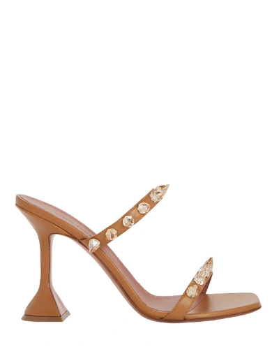 Shop Amina Muaddi Julia Leather Spike Slide Sandals In Brown
