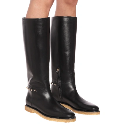 Shop Valentino Rockstud Leather Knee-high Boots In Black