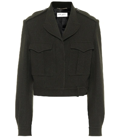 Shop Saint Laurent Cropped Wool Gabardine Jacket In Green