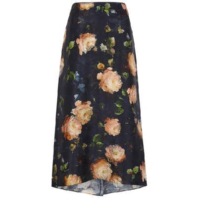 Shop Vince Navy Floral-print Satin Midi Skirt