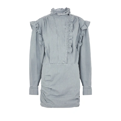Shop Isabel Marant Étoile Greta Grey Ruffle-trimmed Denim Mini Dress In Light Grey
