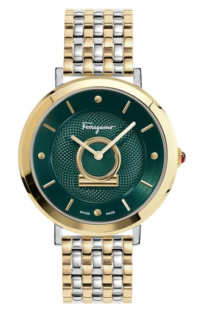 Shop Ferragamo Minuetto Bracelet Watch, 36mm In Gold/ Green/ Silver