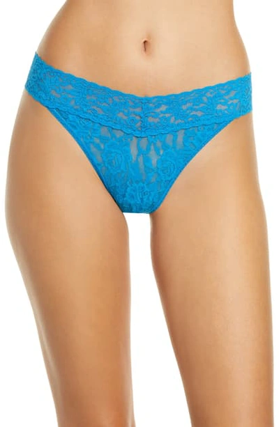 Shop Hanky Panky Regular Rise Lace Thong In Cerulean Blue