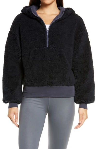 Shop Alo Yoga Streetside Half Zip Faux Fur Hoodie In Midnight