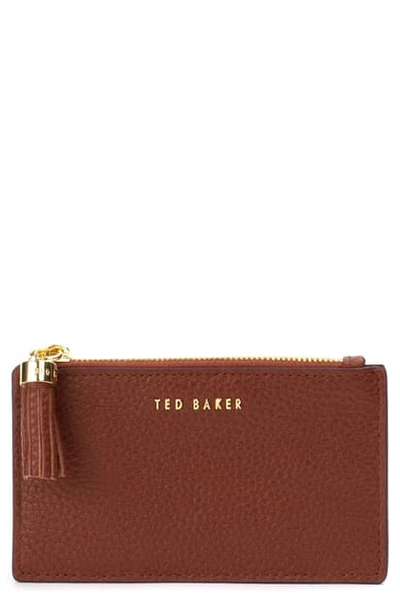 Shop Ted Baker Peggey Tassel Zip Leather Card Holder In Dark Tan
