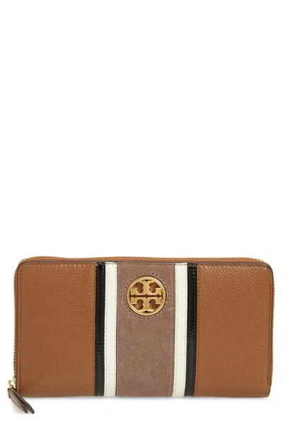 Shop Tory Burch Carson Stripe Zip Continental Wallet In Light Umber/ Silver Maple