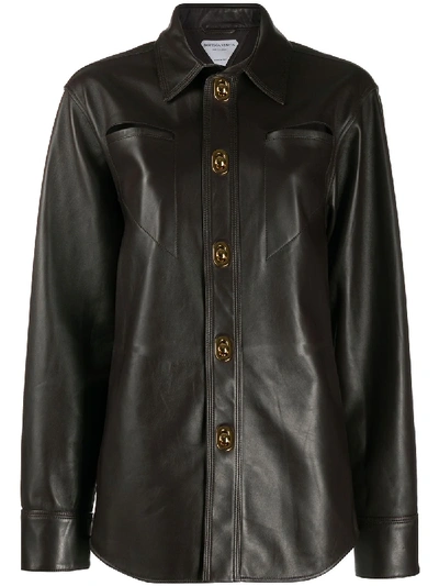 Shop Bottega Veneta Press-stud Leather Shirt In Brown
