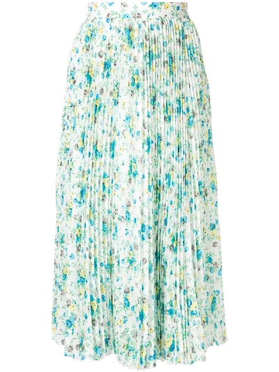 Shop Msgm Floral Print Pleated Midi Skirt In White