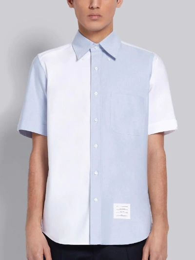 Shop Thom Browne Light Blue Cotton Oxford Fun-mix Straight Fit Short Sleeve Shirt