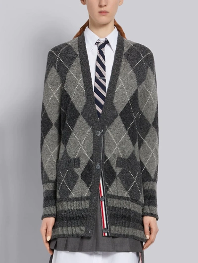 Shop Thom Browne Grey Shetland Wool Oversized Argyle V-neck Cardigan