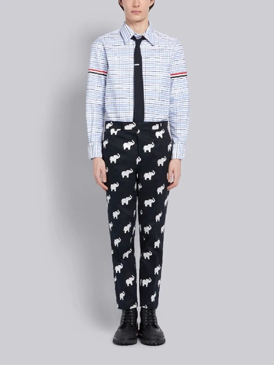 Shop Thom Browne Blue Tricolor Cotton Oxford Check Grosgrain Armband Long Sleeve Shirt In White