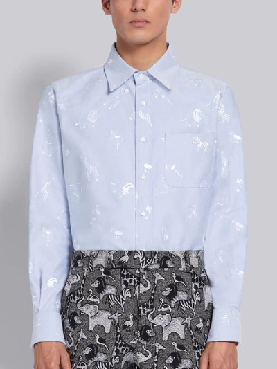 Shop Thom Browne Light Blue Cotton Oxford Multi-icon Embroidered Long Sleeve Shirt