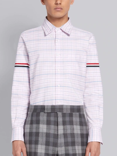 Shop Thom Browne Pink Tricolor Cotton Oxford Check Grosgrain Armband Long Sleeve Shirt