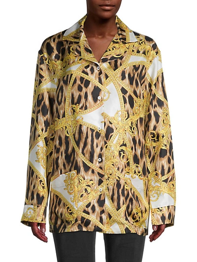 Shop Versace Leopard-print Silk Pajama Shirt