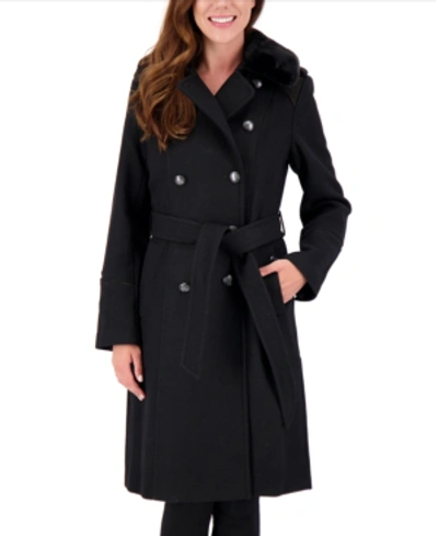 Shop Vince Camuto Faux-fur-collar Double-breasted Belted Coat In Black