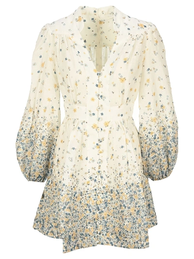 Shop Zimmermann Puff Sleeves Floral Mini Dress In White Floral Print