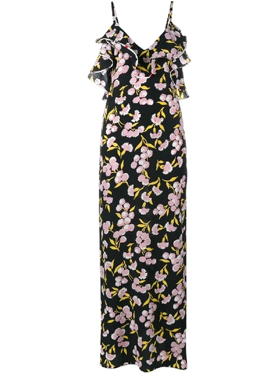 Shop Marni Floral Print Silk Long Dress In Black