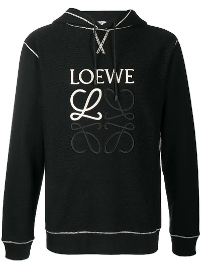 Shop Loewe Embroidered Logo Contrast-stitch Hoodie In Black